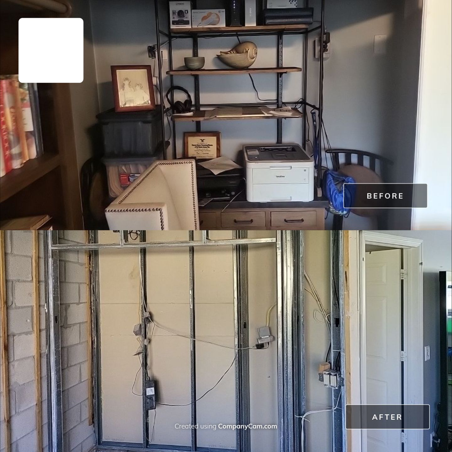 Before and after fire damage — home office contents removed and walls gutted